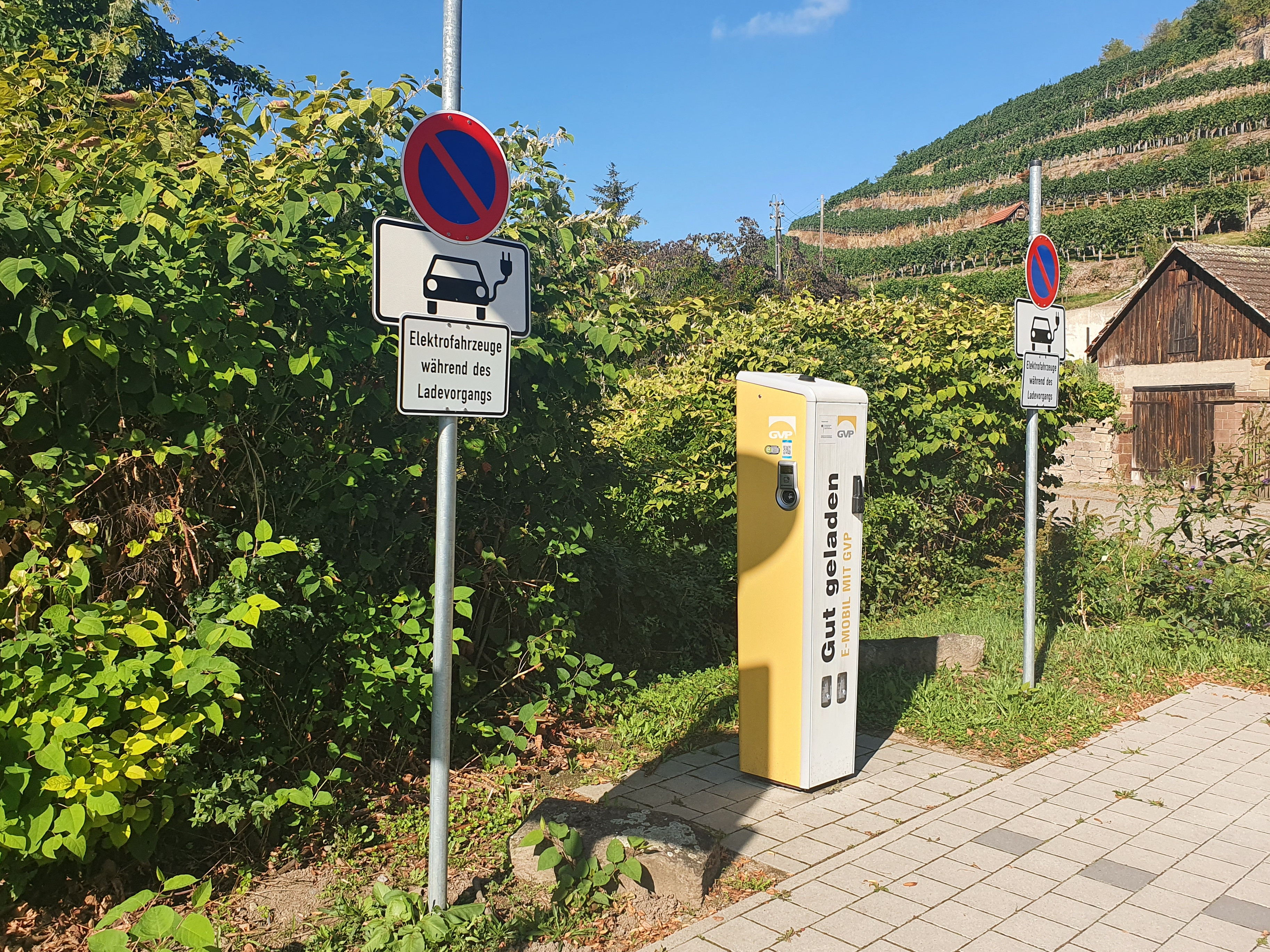 Ladesäule der GVP für 2 E-Autos am Kloster Maulbronn/Gartenstraße, im Hintergrund der Closterweinberg mit Schuppen
