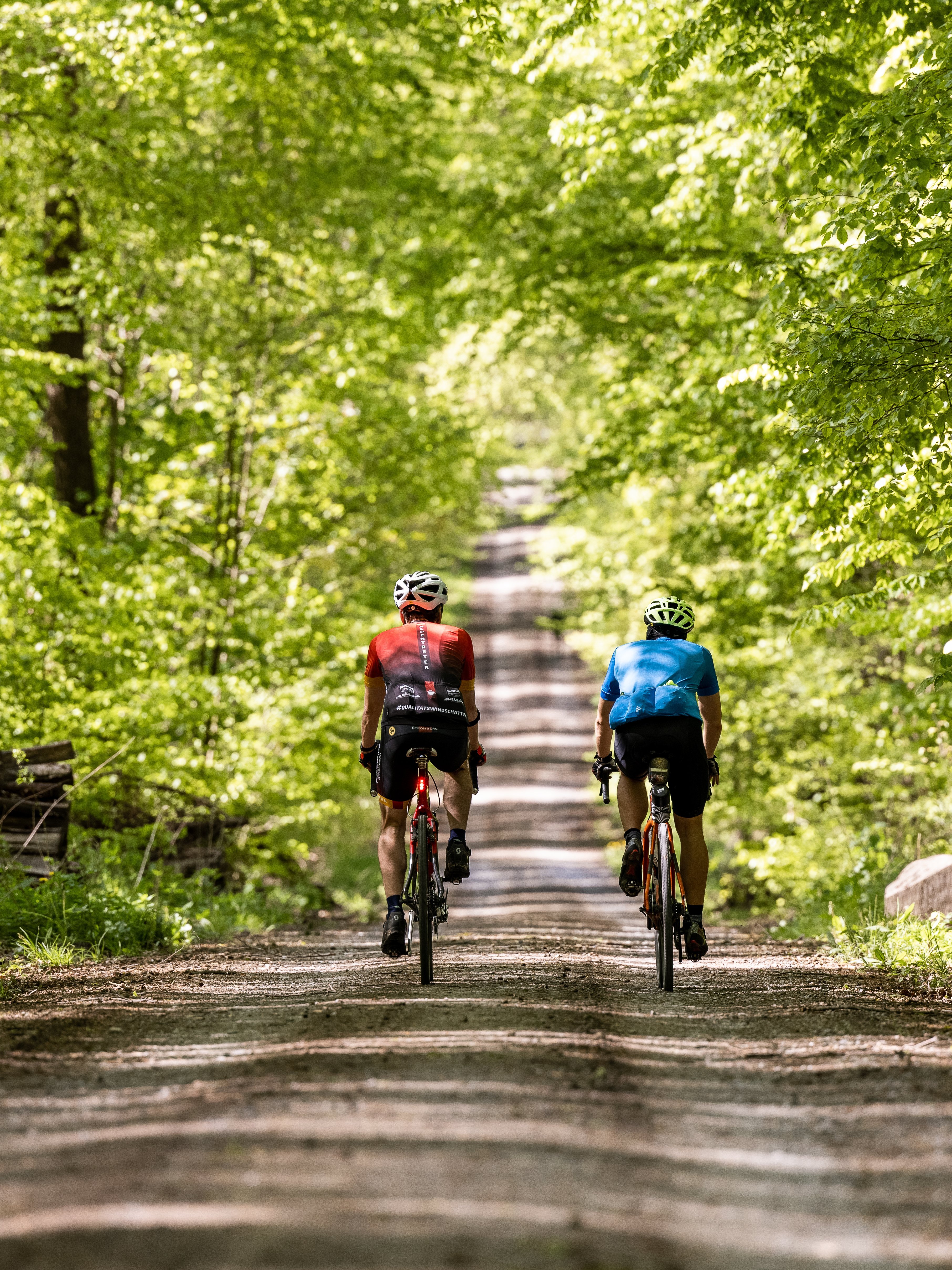 2 Fahrradfahrer auf Schotterweg durch den Wald. Perfektes Gravel-Feeling im Land der 1000 Hügel.